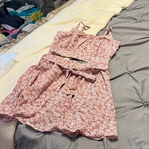 Pink Floral Two-Piece Crop Top + Skirt Set